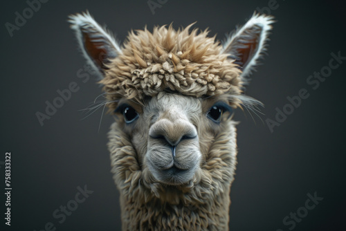 Close up of a llama's face on a black background. Suitable for animal lovers or nature enthusiasts
