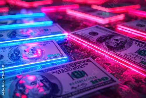 Dollar bills in neon lights...