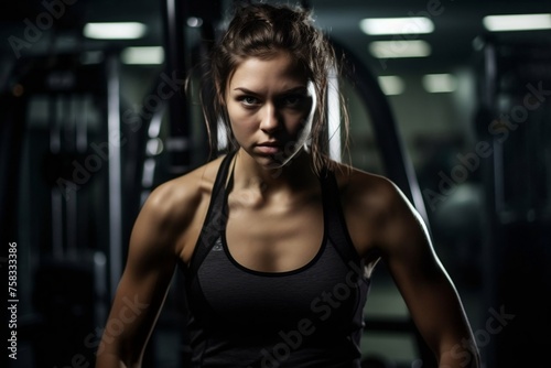 Young woman in black gym clothes standing in dimly lit gym 