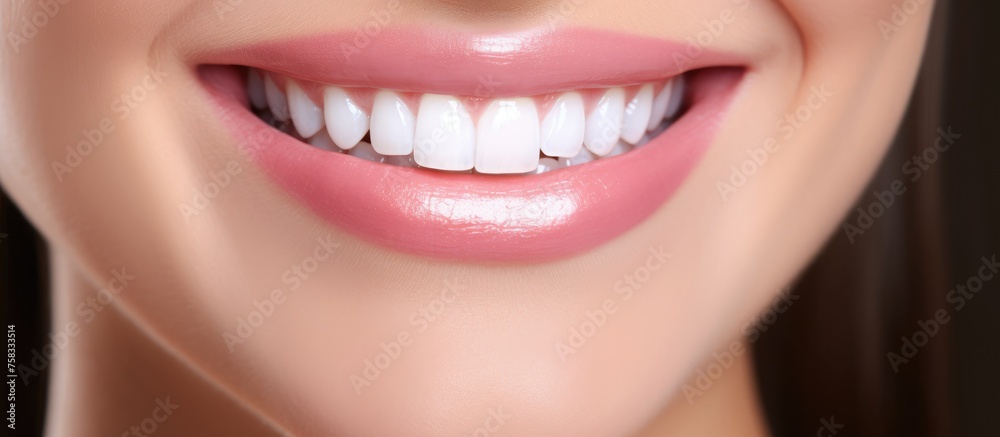 A closeup of a womans happy smile showcasing her white teeth and pink lips, with a hint of magenta lipstick enhancing her beautiful smile A closeup of a womans happy smile showcasing her white teeth and pink lips, with a hint of magenta lipstick enhancing her beautiful smile