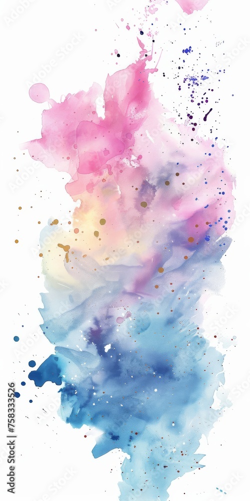 Soft watercolor drift with dreamy pinks and deep blues, suggesting tranquility and imagination on white paper.