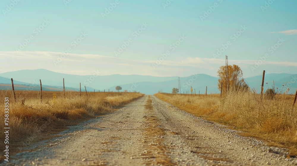 Scenic view of a dirt road in a field with majestic mountains in the background. Suitable for travel and nature concepts
