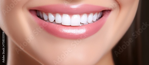 A closeup of a womans happy smile showcasing her white teeth and pink lips  with a hint of magenta lipstick enhancing her beautiful smile