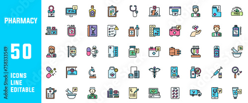 50 Pharmacy Icons Set Pack Line Editable Vector Illustration