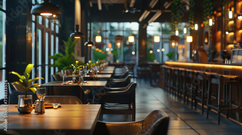 A cozy restaurant interior with tables, chairs, and a bar. Ideal for restaurant advertisements