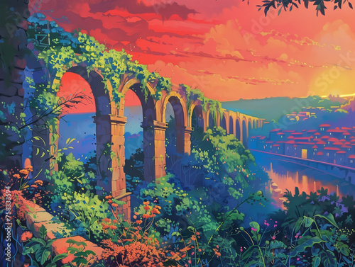 Enchanting Sunset Over Historic Aqueduct, Colorful Landscape Illustration