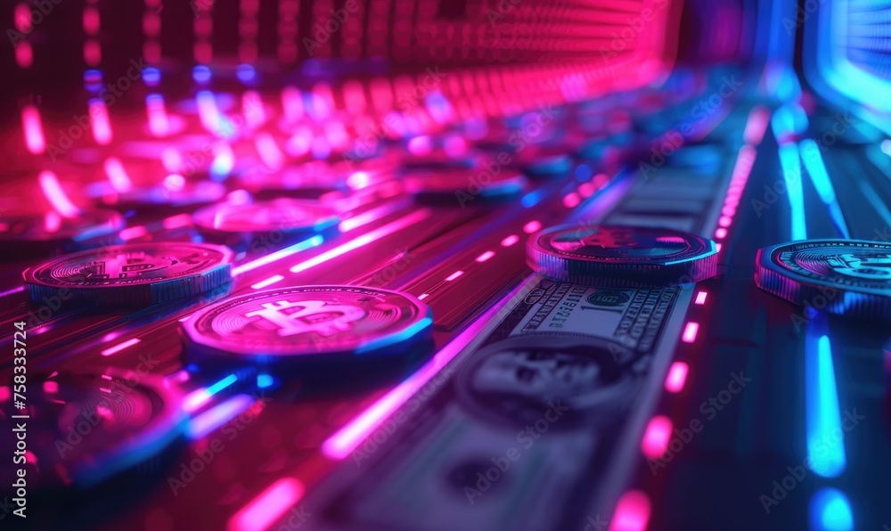 Dollar bills in neon lights  background