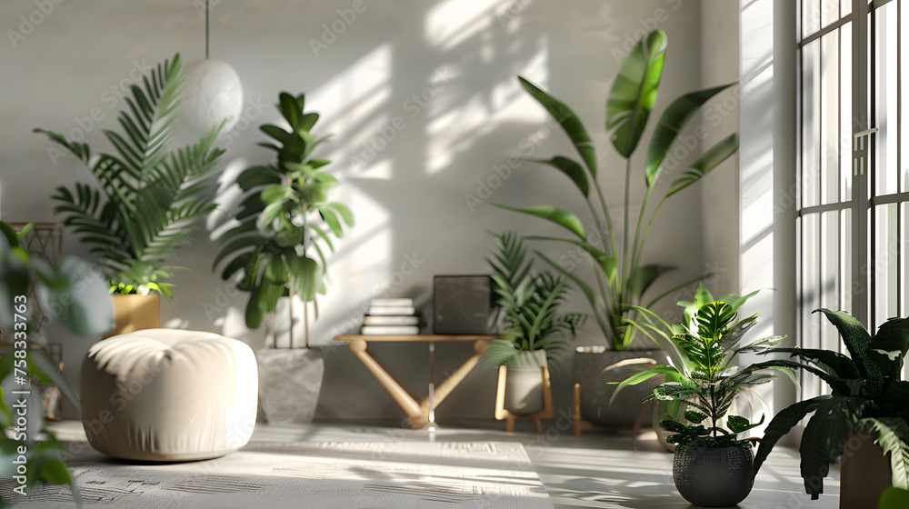 Oasis urbaine : Un collage dynamique d'intérieurs modernes avec des plantes vertes luxuriantes.