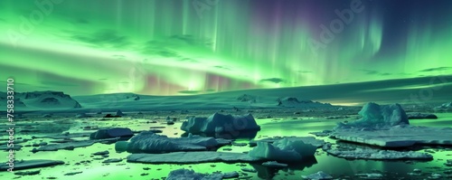Beautiful view of Aurora borealis over snow covered sea or river in winter.