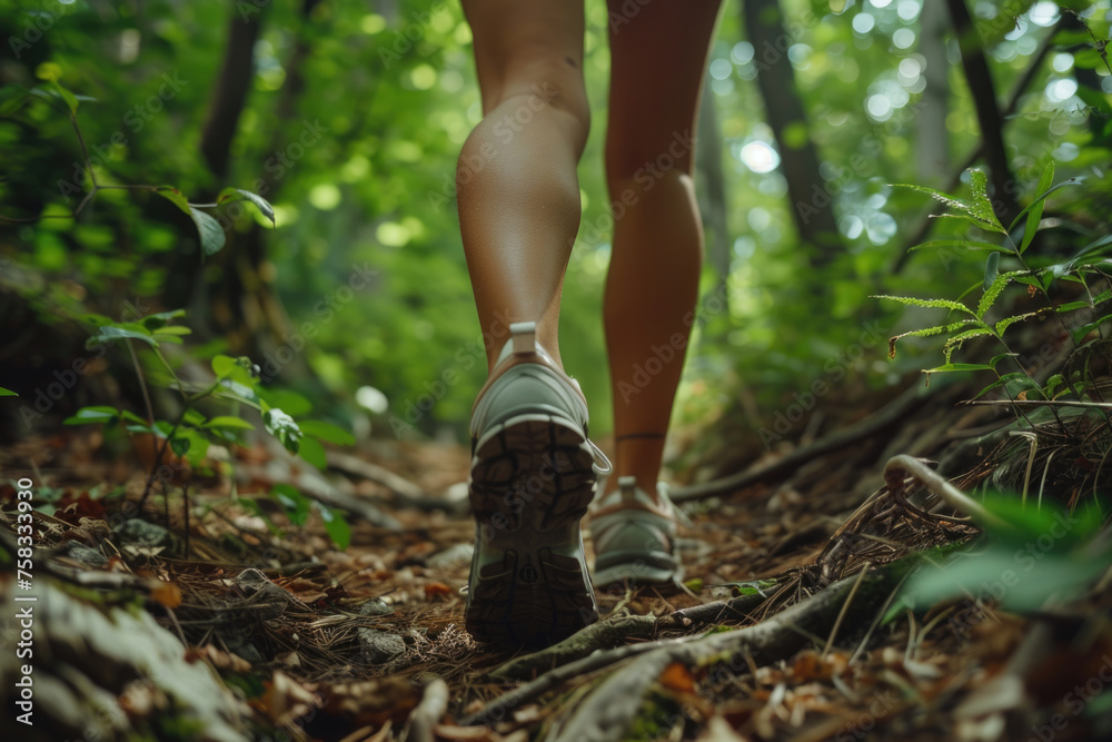 A person walking on a trail in the woods, suitable for outdoor and nature themes A person walking on a trail in the woods, suitable for outdoor and nature themes