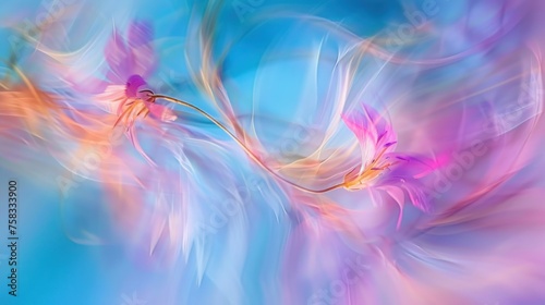 an abstract painting of pink and blue flowers on a blue and pink background with a blue sky in the background. photo