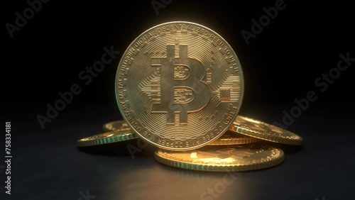 Bitcoin Cryptocurrency Gold Bitcoin BTC Bit Coin close-up of Bitcoin coins, on a black background.