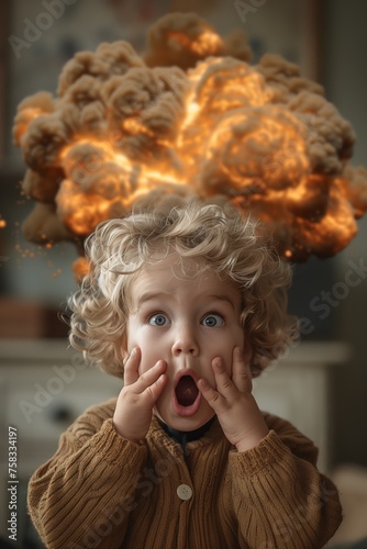 Funny shocked little kid with nuclear explosion overhead. Strong surprised emotions of baby pictured with big bang above his head.