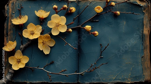 a book with a bunch of yellow flowers on top of it and a tree branch in the middle of the book. photo