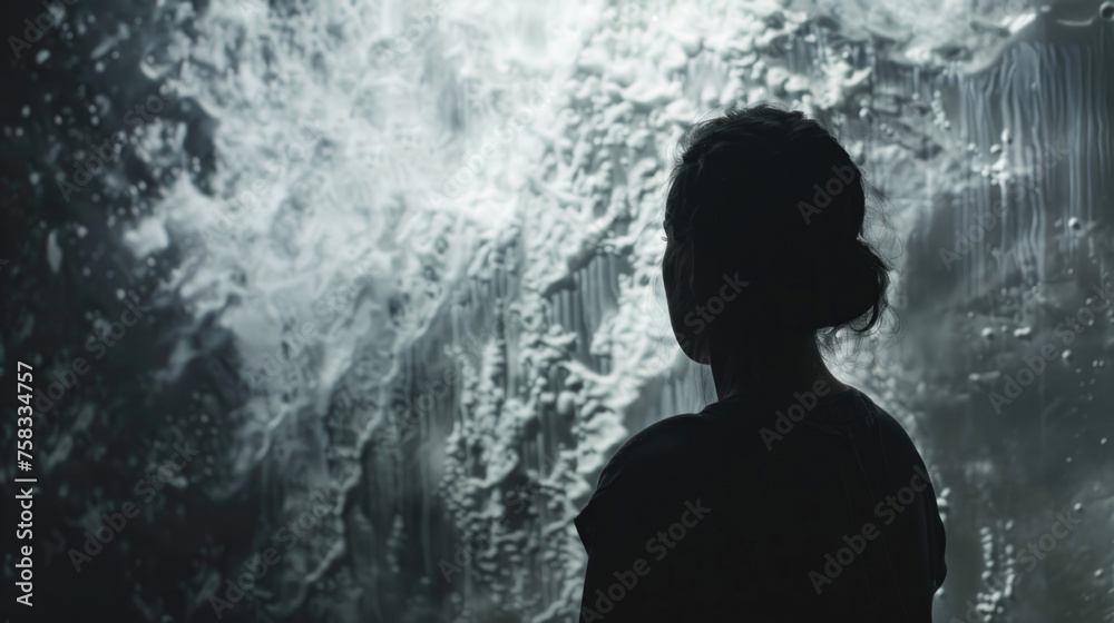 A person standing in front of a majestic waterfall. Perfect for travel and nature concepts A person standing in front of a majestic waterfall. Perfect for travel and nature concepts