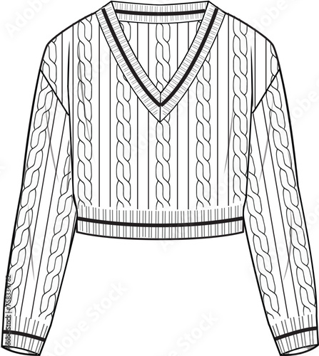 Women's Cable, V-Neck Tipping Crop Jumper. Technical fashion illustration. Front, white color. Women's CAD mock-up.