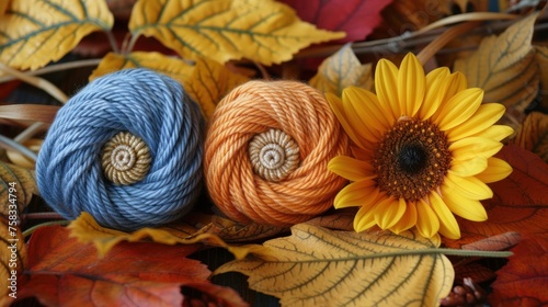 two skeins of yarn next to a sunflower on a pile of autumn leaves with leaves in the background. photo