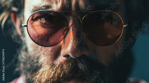 Close-up portrait of a man with glasses and a beard. Ideal for business or professional concepts