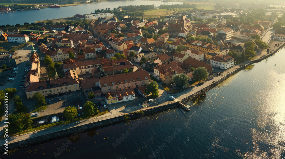 Fototapeta premium Aerial view of a city with a river, suitable for urban planning concepts