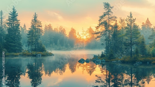 a body of water surrounded by trees in the middle of a forest with a sun setting in the sky behind it. photo