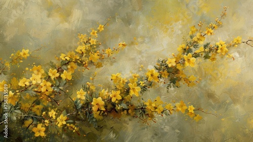 a painting of yellow flowers on a green and yellow background with a white bird perched on top of a branch. photo