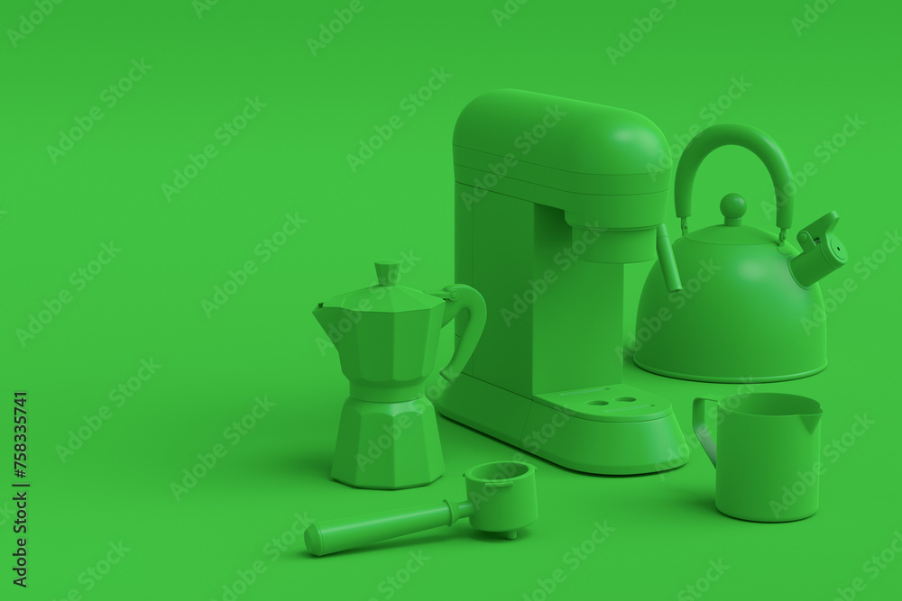Espresso coffee machine with horn, kettle and geyser coffee maker on monochrome Espresso coffee machine with horn, kettle and geyser coffee maker on monochrome