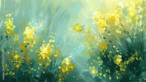 a painting of yellow wildflowers in a green and yellow field of wildflowers on a sunny day. photo