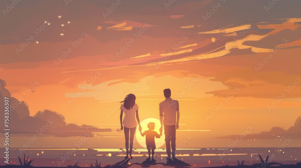 Fototapeta premium Parents hold the Child's hands and look at the Sunset. Flat illustration with Copy Space