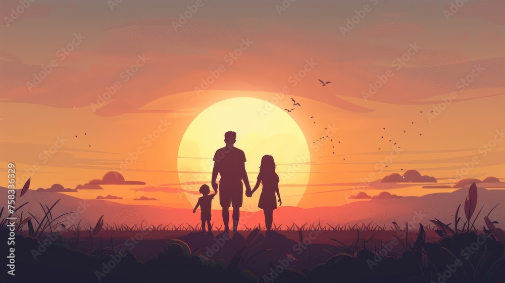 Fototapeta premium Parents hold the Child's hands and look at the Sunset. Flat illustration with Copy Space