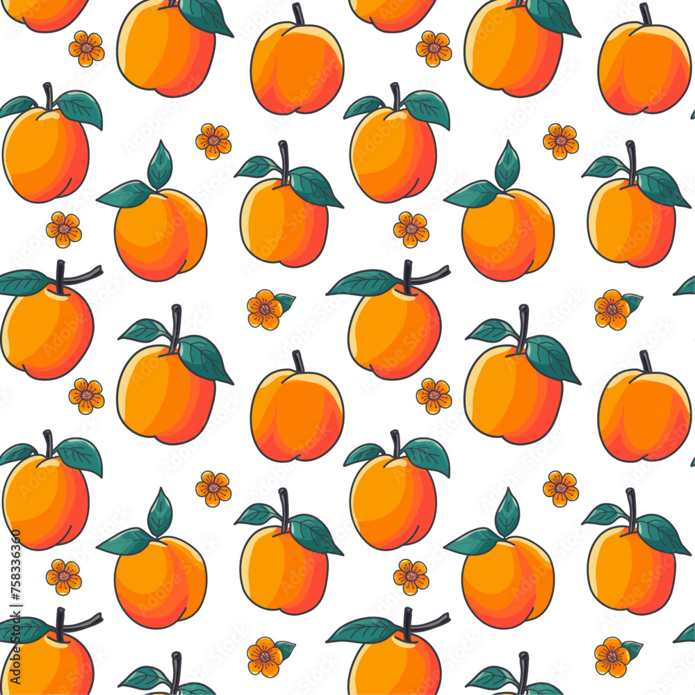 Apricot pattern, bright, juicy apricot, apricot blossoms, vector illustration