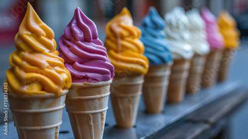 a row of ice cream cones sitting on top of a conveyor belt filled with different colors of ice cream. photo