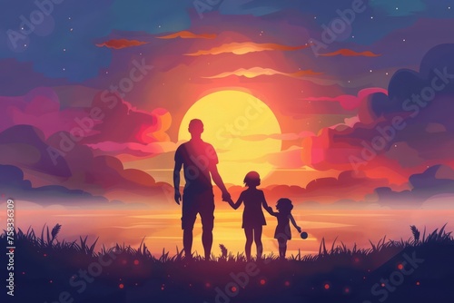 Parents hold the Child s hands and look at the Sunset. Flat illustration with Copy Space