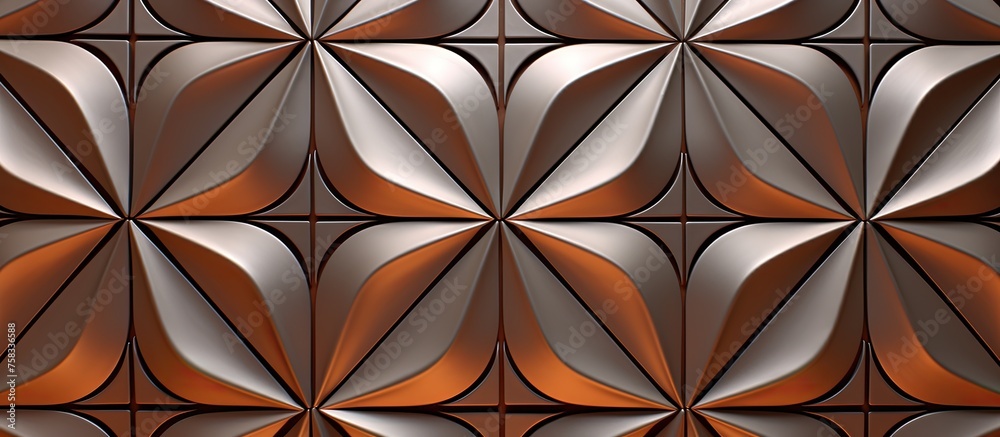 A detailed closeup of a brown copper tile with a symmetrical geometric pattern of triangles. The intricate design adds artistry to the flooring A detailed closeup of a brown copper tile with a symmetrical geometric pattern of triangles. The intricate design adds artistry to the flooring