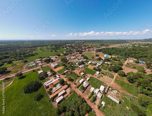Aerial landscape of village of Bom Jardim during summer in Nobres countryside of Mato Grosso