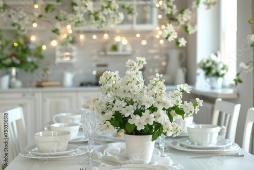 A simple white table with a vase of flowers. Perfect for home decor projects