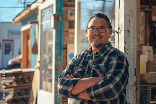 A Native American entrepreneur stands outside his small business, a locally-owned woodworking shop. Sunlight bathes the street as he beams a genuine smile, arms crossed, welcoming customers. © jex