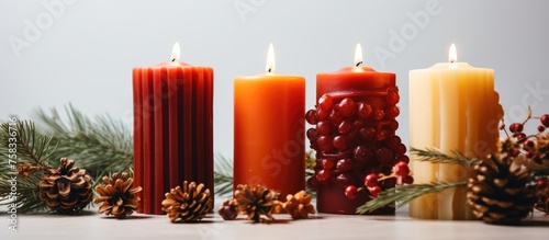 A row of cylindrical candles with pine cones and berries displayed on a table, creating a cozy interior design for a city event. The still life photography captures the warm ambiance of the scene