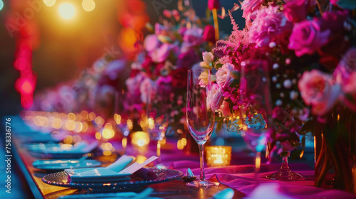 A long table decorated with pink flowers and candles. Ideal for event planning and interior design projects