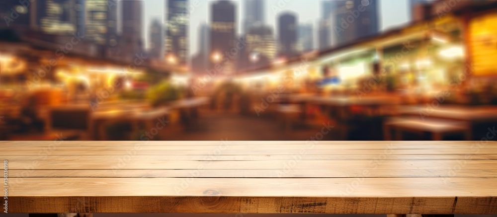 A rectangular hardwood table with a warm wood stain, set against a blurry city skyline. The skyline features various buildings and skyscrapers, creating a stunning urban landscape A rectangular hardwood table with a warm wood stain, set against a blurry city skyline. The skyline features various buildings and skyscrapers, creating a stunning urban landscape