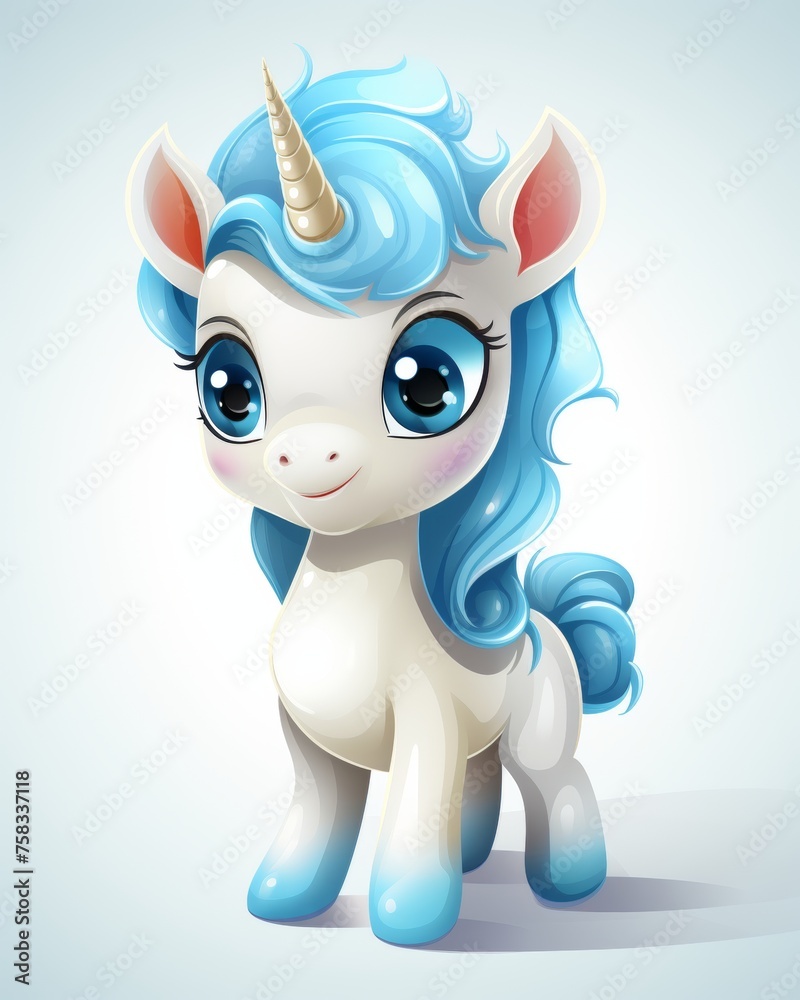 Adorable cartoon unicorn character with colorful mane standing on a white background