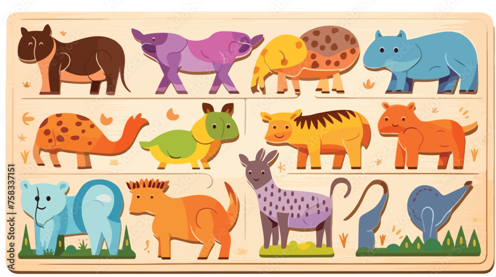 Flat icon A wooden puzzle with colorful animal shap