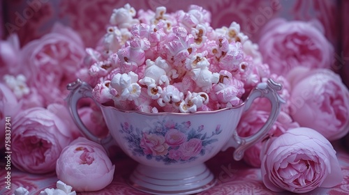 a white bowl filled with pink popcorn surrounded by pink flowers and pink peonies on a pink and white table cloth. photo