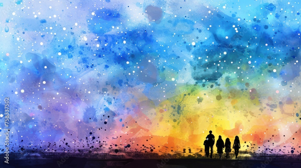 A family of five is silhouetted against a watercolor sky of blue, yellow, and pink, speckled with white dots.