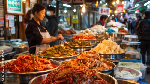 vibrant marketplace scene with vendors selling homemade kimchi, highlighting the cultural significance and variety of kimchi styles