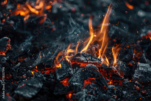 Close up of a pile of charcoal and fire. Suitable for industrial or cooking concepts