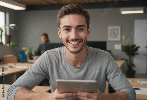 A man smiles at the camera holding a tablet. He is seated in an office environment.