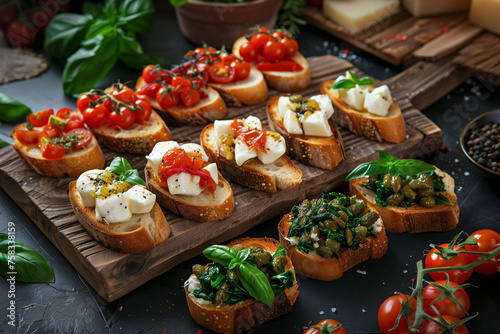 cherry tomatoes and mozzarella on bruschetta with fresh basil leaves, drizzled in olive oil, arranged artistically on an old wooden board. The background is a rustic dark stone surface