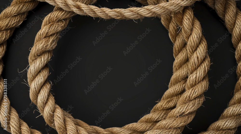 Detailed view of a rope on a black background. Suitable for industrial or DIY concepts - obrazy, fototapety, plakaty 