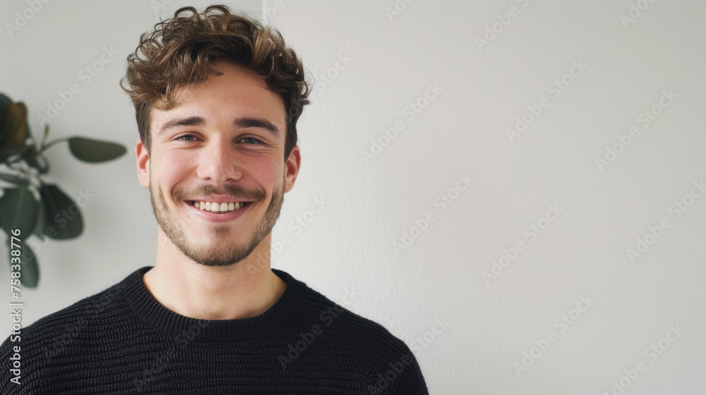 Obraz premium A man with curly hair wearing a black sweater. Ideal for fashion or casual lifestyle concepts