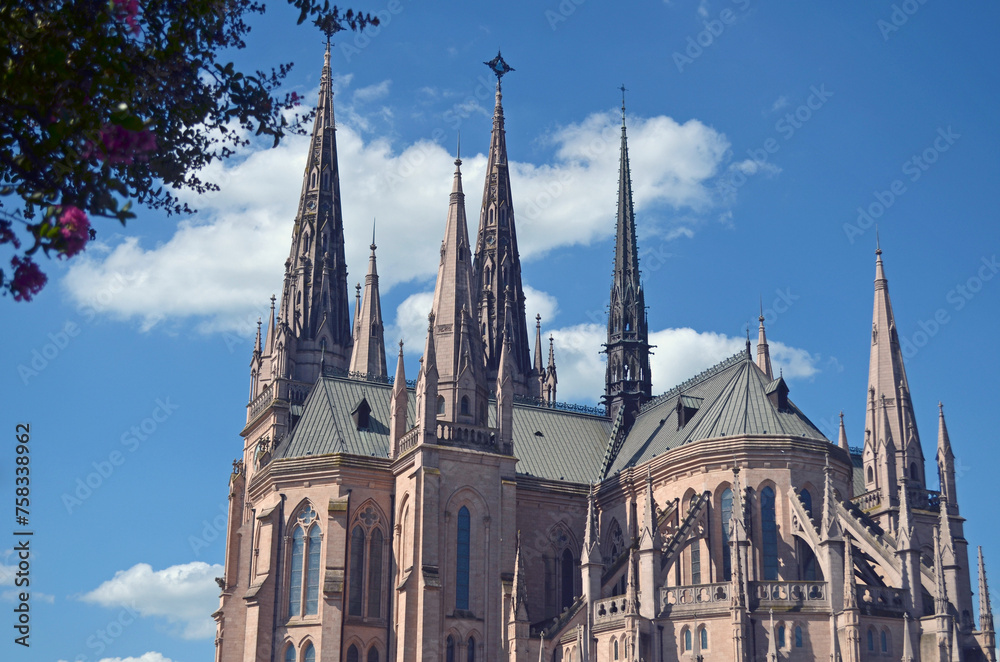 Fototapeta premium Imponentes torres de la Basílica de Nuestra Señora de Luján de estilo neogótico vistas desde atrás en la provincia de Buenos Aires, Argentina.